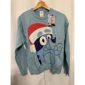 NWT Bluey Christmas Sweater Kids XL 14/16 Light Blue Santa Hat Holiday